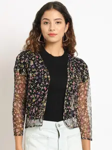 Rute Women Black & Pink Floral Printed Cotton Shrug