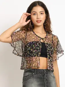Rute Women Black & Pink Floral Printed Cotton Shrug