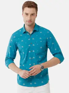 CAVALLO by Linen Club Men Blue Printed Linen Cotton Casual Shirt