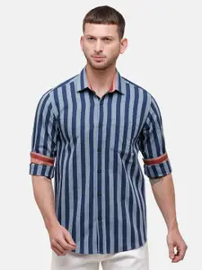 CAVALLO by Linen Club Men Blue & Grey Striped Linen Cotton Casual Shirt