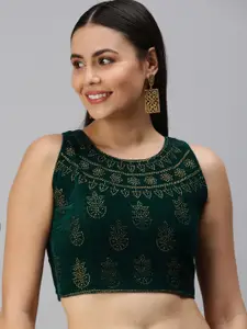 flaher Green Embellished Velvet Padded Readymade Saree Blouse