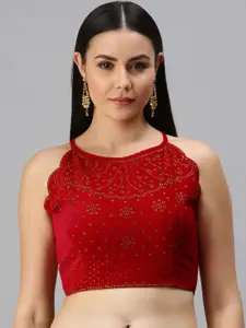 flaher Women Red Swarovski Work Velvet Readymade Padded Blouse