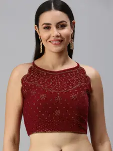flaher Maroon Embellished Velvet Padded Readymade Saree Blouse