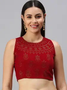 flaher Red Embellished Velvet Padded Readymade Saree Blouse
