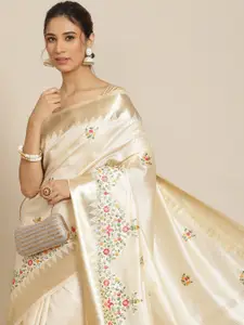 RAJGRANTH White & Golden Floral Embroidered Silk Cotton Saree