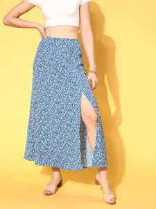Berrylush Blue Ditsy Floral Print High-Rise A-Line Skirt