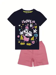 KINSEY Girls Navy Blue & Pink Minnie Mouse Printed T-shirt with Shorts