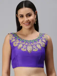 flaher Women Blue & Gold Ethnic Motifs Embroidered Saree Blouse