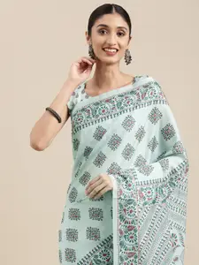 Mitera Sea Green & Red Ethnic Motifs Print Silk Blend Bagru Saree