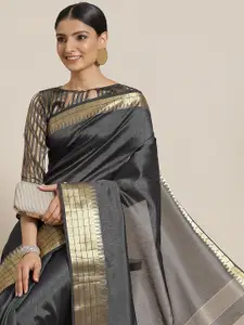 Mitera Charcoal & Golden Striped Zari Silk Blend Saree