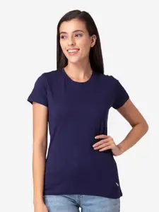 Vami Women Navy Blue Solid Cotton T-shirt