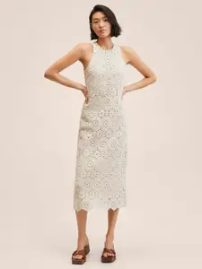 MANGO Off White Crochet Sheath Midi Dress