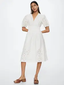 MANGO White Pure Cotton Schiffli Embroidered A-Line Midi Dress