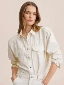 MANGO Women Off White Pure Cotton Denim Casual Shirt