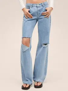 MANGO Women Blue Wide Leg Low-Rise Slash Knee Stretchable Jeans