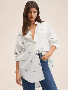 MANGO Women White & Blue Pure Cotton Floral Embroidered Oversized Casual Shirt