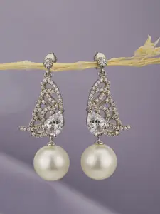 Carlton London Silver-Toned & White Contemporary Drop Earrings