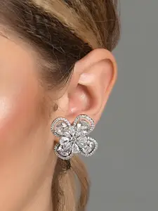 Fida White & Silver-Toned Rhodium-Plated Floral American Diamond Studded Earrings
