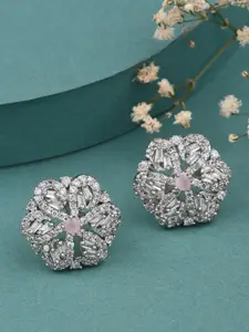 Fida Peach-Coloured Rhodium-Plated Floral Studs Earrings