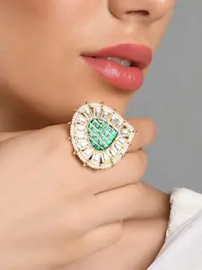 Fida Fida Gold-Plated Green Meenakari Kundan-Studded & Pearl Beaded Finger  Ring
