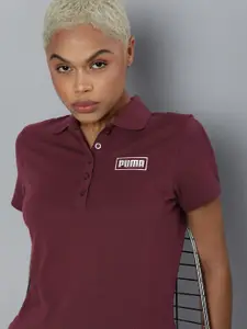 Puma Women Burgundy Polo Collar T-shirt with Printed Detail