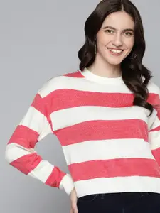 Mast & Harbour Women White & Pink Acrylic Striped Drop-Shoulder Sleeves Pullover
