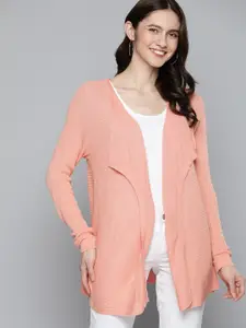 Mast & Harbour Women Peach-Coloured Textured Acrylic Front-Open Sweater