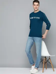 Mast & Harbour Men Teal Blue Typography Pullover Sweater