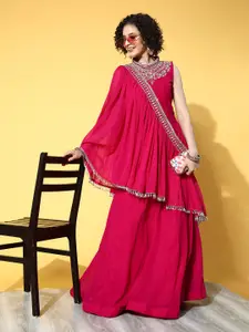 Chhabra 555 Magenta Embellished Halter Neck Georgette Maxi Dress with Dupatta