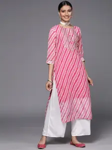 Varanga Women Pink & White Leheriya Striped Embroidered Detail Georgette Kurta