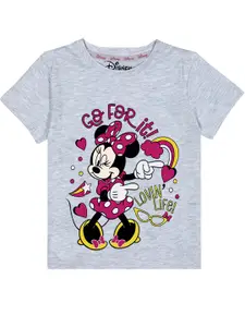 KINSEY Girls Grey Melange & Pink Minnie Mouse Printed Cotton T-shirt