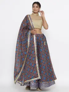 Kesarya Blue & Red Embellished Khari Print Ready to Wear Lehenga & Unstitched Blouse With Dupatta