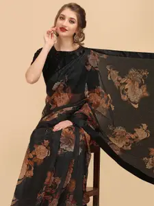 Sangria Black & Brown Floral Printed Lace Saree