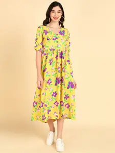 AHIKA Women Yellow Floral Printed Georgette Fit & Flare Midi Dress