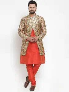 Kaifoo Men Red Solid Silk Blend Kurta with Churidar & Jacket