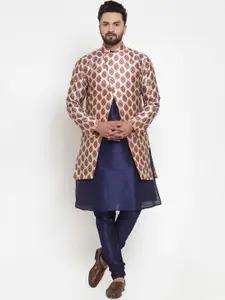 Kaifoo Men Navy Blue Solid Silk Blend Kurta with Churidar & Jacket