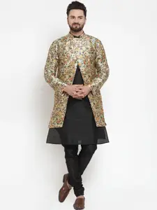 Kaifoo Men Black Kurta  With Floral Jacket And Churidar