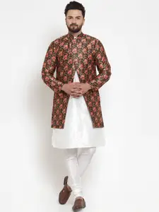 Kaifoo Men White Floral Printed Kurta with Churidar