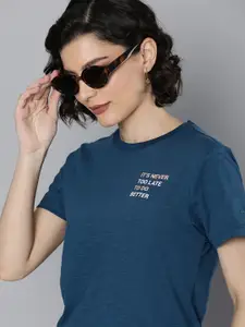 Harvard Women Dark Blue Typography Printed Pure Cotton Casual T-shirt