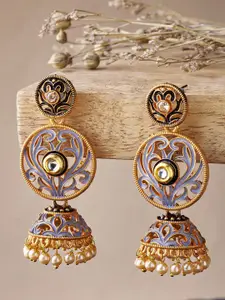 ATIBELLE Blue Floral Gold-Plated Kundan studded Jhumkas Earrings