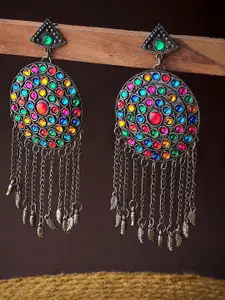 ATIBELLE Oxidised Silver-Plated & Blue German Silver Afghani Tasselled Drop Earrings