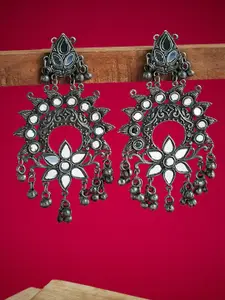 ATIBELLE Women Oxidised Silver-Plated Mirror studded Ghungroo Chandbali Earing