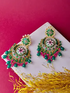 ATIBELLE Green & Gold-Plated Floral Drop Earrings