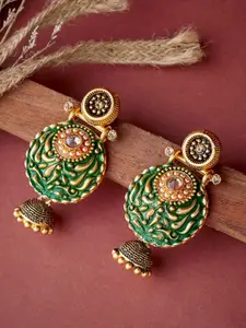 ATIBELLE Green & Gold-Plated Contemporary Chandbalis Earrings