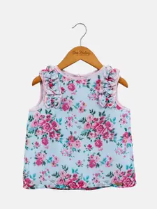 One Friday Girls Blue & Multicoloured Floral Print Keyhole Neck Ruffles Top
