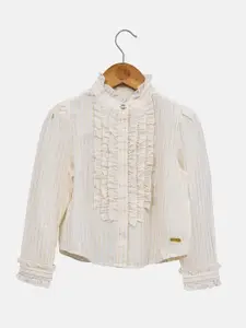 One Friday Girls Cream-Coloured Striped Ruffles Shirt Style Top