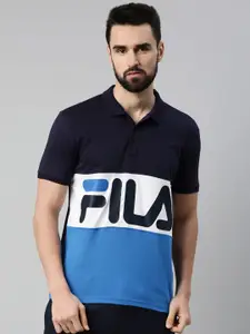 FILA Men Navy Blue & White Brand Logo Colourblocked Polo Collar Organic Cotton Applique T-shirt