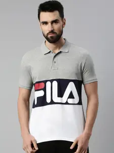 FILA Men Grey & White Brand Logo Polo Collar Organic Cotton T-shirt
