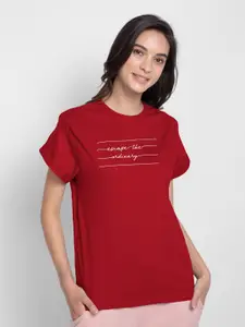 Bewakoof Women Red Typography Printed Cotton T-shirt