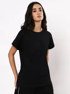 Bewakoof Women Black Solid Pure Cotton T-shirt